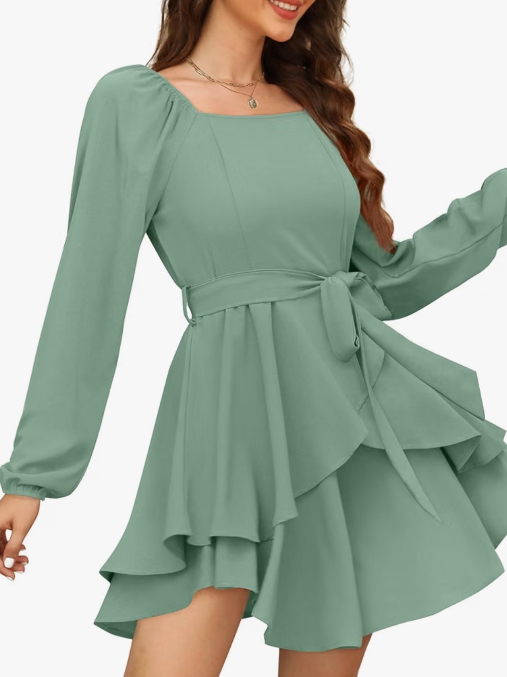 Sage Green Long Sleeve Tiered Mini Dress
